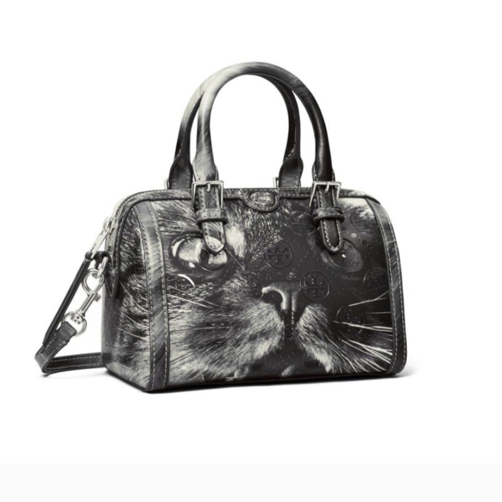 Tory Burch nwt rare T Monogram Cat Print Petite  satchel Barrel Top Handle Cross